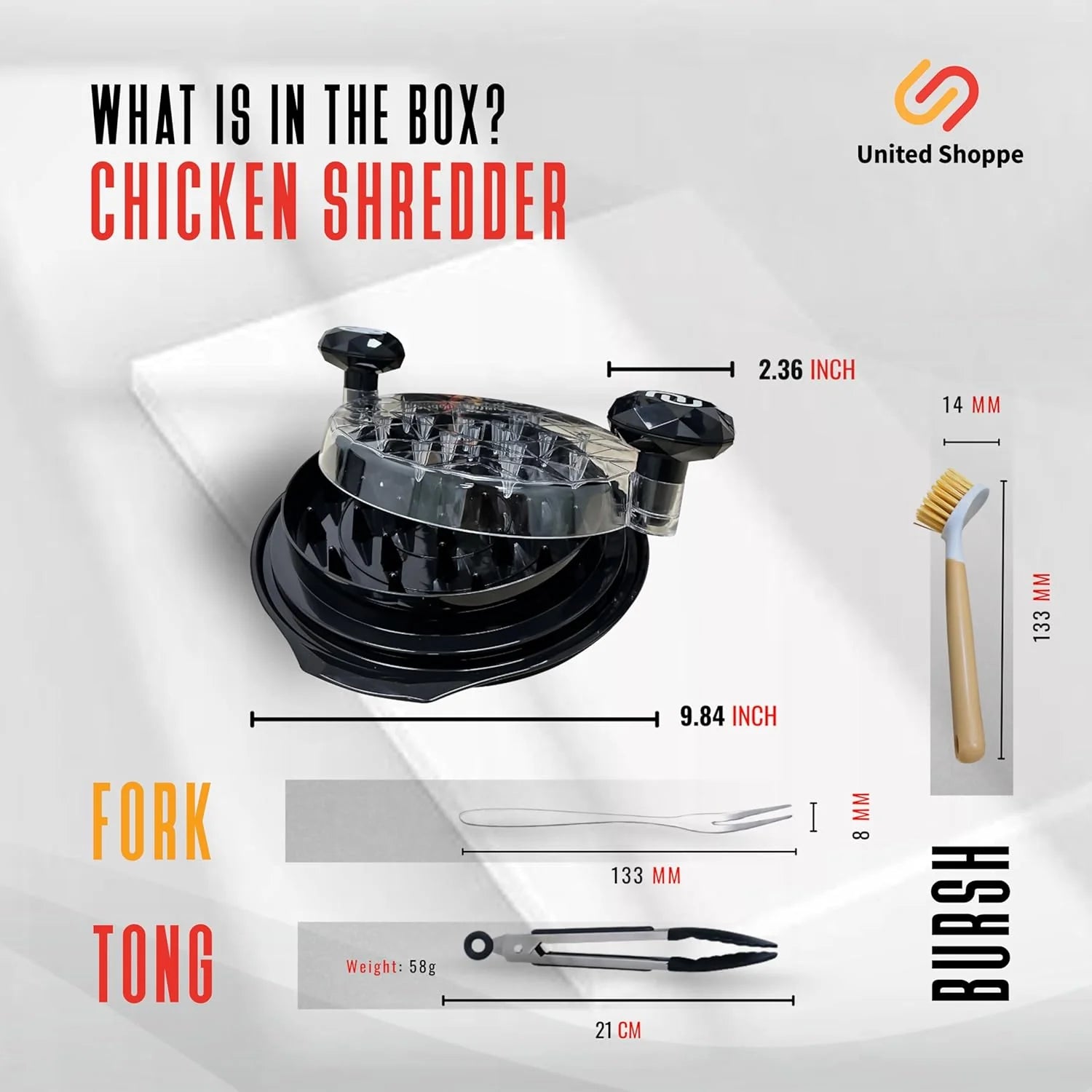 3 - in - 1 Pro Chicken Shredder Tool Twist - Large Meat Shredder with Cleaning Brush, Tong & Fork - Heat Resistant, Dishwasher Safe & anti Slip 
